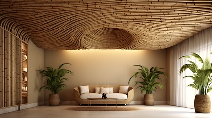 Serene interior space with an artistic bamboo ceiling and calming neutral tones and lush greenery