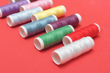 Colorful woolen threads. Concept of hobby or networking. Selective focus.