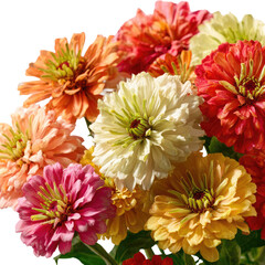 Close-up cluster of vibrant zinnias in various shades of orange, peach, pink, and white