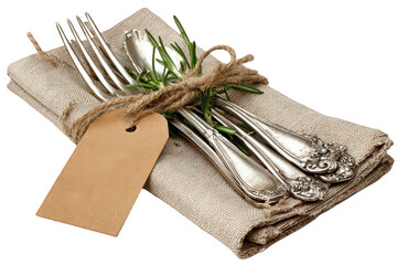Elegant Silverware Wrapped in Linen Napkin with Rosemary Sprig