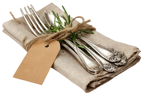 Elegant Silverware Wrapped in Linen Napkin with Rosemary Sprig