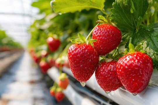 Ripe strawberries in greenhouse - Powered by Adobe
