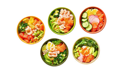 Five Colorful Bowls of Assorted Seafood and Vegetables