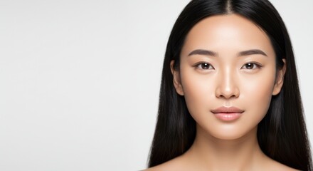 Fototapeta premium Portrait of a young woman with long dark hair against a white background.