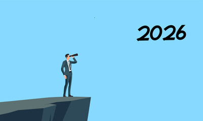 Businessman standing on cliff looking through telescope toward 2026. Concept of vision, future planning, strategy, opportunity, and business growth illustration
