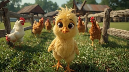 Fototapeta premium A small, fluffy yellow chick with big eyes stands proudly in a vibrant green field. Around it, various hens roam freely, enjoying the warm sunshine by the barn.
