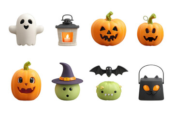Cute Halloween themed cartoon vector illustrations featuring ghost, lantern, various pumpkins, witch hat, bat, and monster. These playful designs evoke fun and festive atmosphere