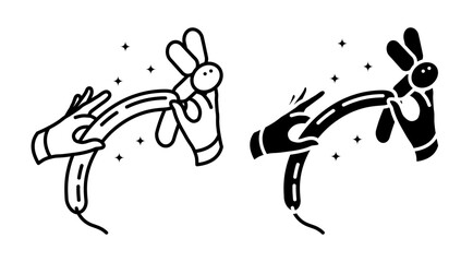Line icon. Magician hands twist a long balloon into a toy in the shape of a hare. Simple black and white vector isolated on white background
