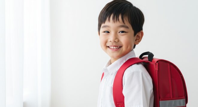 Smiling boy with red backpack against white background ready for school. - Powered by Adobe