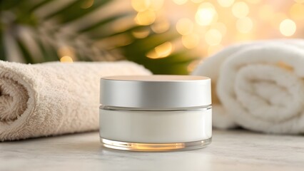 Hydrating Lip Mask Jar Mockup with Minimalist Matte Lid – Elegant Cosmetic Packaging Design on Soft Towels with Relaxing Candlelight Spa Setting, Realistic PSD Showcase
