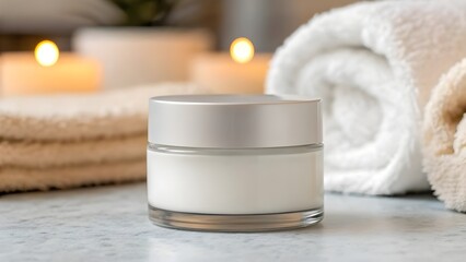 Hydrating Lip Mask Jar Mockup with Minimalist Matte Lid – Elegant Cosmetic Packaging Design on Soft Towels with Relaxing Candlelight Spa Setting, Realistic PSD Showcase