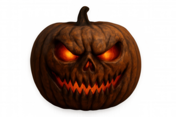 Glowing halloween pumpkin with an evil grin carved into it, isolated on a transparent background