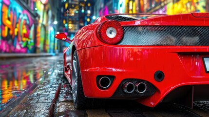 Red sports car in urban graffiti street