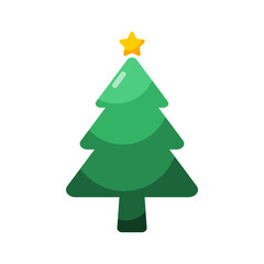 Green pine christmas tree with yellow star icon flat vector design