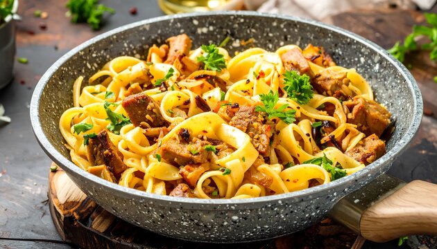 Delicious Pasta Dish with Mushrooms and Herbs in a Pan.