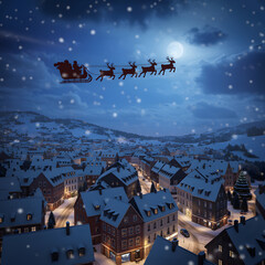 Santa Claus and his reindeer flying in a sleigh over a snowy town on a magical Christmas Eve night.
