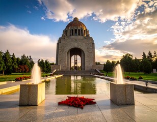 Monumental structure by a reflecting pool at sunset