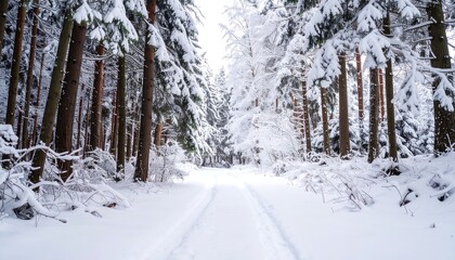 Snow-covered forest path framed by tall trees. A cold, peaceful scene. White snow blankets the branches and ground