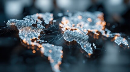 World map represented by connected illuminated dots showing data transfer and global connections, abstract representation