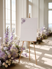 Minimalist wedding welcome sign mockup on elegant easel with lavender floral decor, airy light wedding venue, soft pastel background, natural sunlight
