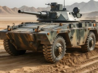 Fototapeta premium Powerful military tank maneuvers across desert landscape, showcasing strength and capability with mountain backdrop