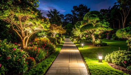 Obraz premium Stone pathway illuminated by soft lights guides the viewer through a vibrant garden at dusk, with carefully pruned trees and lush foliage