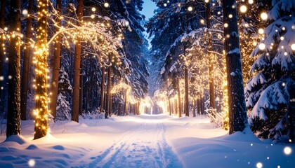 Snowy forest path illuminated by warm string lights, creating a magical, festive winter scene