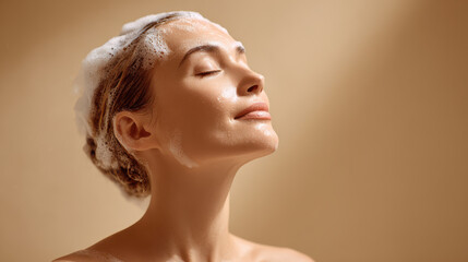 woman enjoying her morning routine in softly lit bathroom applying facial mask while using shampoo
