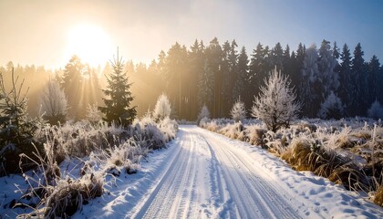 Snowy forest road bathed in sunlight, with frost-covered vegetation and a dense coniferous backdrop. Sunlight beams through the trees