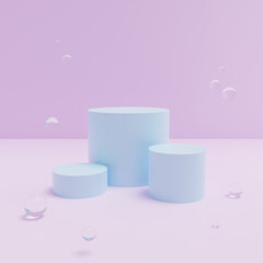 Set of 3d glass light blue cylinders stand podium with transparent soap bubbles on pink background. Circle mockup, pedestal platform for product showcase.