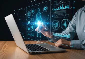 Futuristic Medical Analysis: Person Interacting with Human Body Data on Laptop