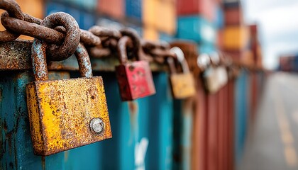 Rusty padlocks on a metal fence between shipping containers