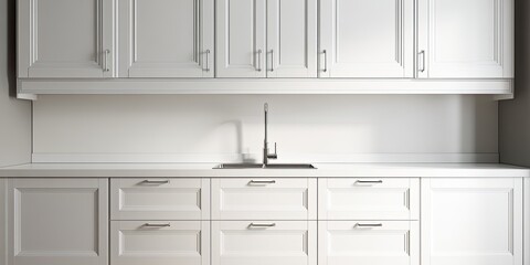 Fototapeta premium Minimalist white kitchen featuring sleek cabinetry, a built-in sink, and metallic hardware