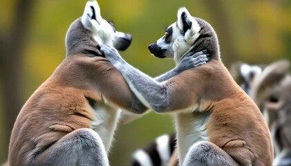 Lemur grooming another lemur in social group 