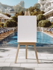 Photo realistic mockup of blank vertical white welcome sign on wooden easel, sunlit stone patio near luxury pool with trimmed hedges and striped lounge chairs, elegant outdoor lifestyle photography