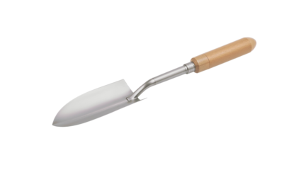 Metal garden trowel with wooden handle resting on white background ideal for planting and gardening tasks