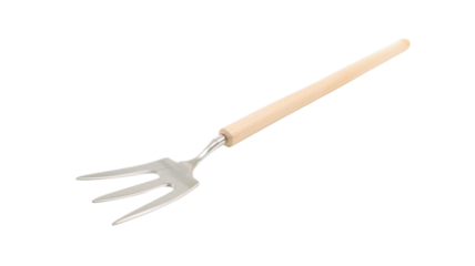Garden fork with wooden handle placed on white surface for outdoor planting and gardening tasks