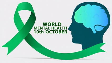 World mental health day awareness ribbon and brain silhouette