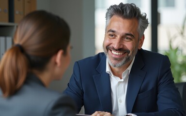 Happy middle aged professional business man executive hr or bank manager, lawyer or financial advisor having job interview or business conversation consulting client at corporate office meeting.