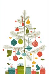 Festive christmas tree with colorful ornaments and gifts on white background