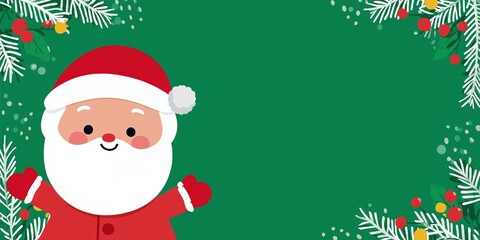 Cute cartoon santa claus on festive green background with christmas borders