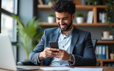 Busy happy young Latin business man holding smartphone sitting in office. Professional hispanic businessman entrepreneur or manager using financial banking apps on cell phone technology at work.