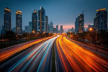 Fototapeta premium Shanghai Cityscape at Dusk with Light Trails on Highway Urban Night Photography