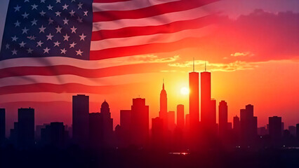 An evocative sunset silhouette paints the New York City skyline with the Twin Towers at its heart, while the American flag billows proudly. A powerful reminder of resilience.