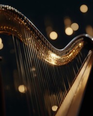 Elegant golden concert harp with shimmering strings, close-up against a dark background with warm bokeh lights.