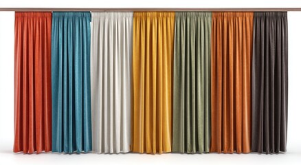 A row of various colored velvet curtains hangs from a wooden rod against a white background