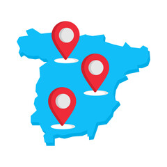 Map of Spain with red location pin markers.