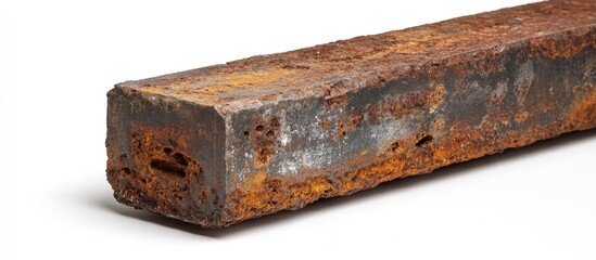 Heavily rusted rectangular metal bar, showing significant corrosion and pitting, rests on a white background