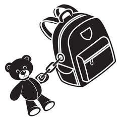 A cute black teddy bear is attached by a chain to a black backpack symbolizing childhood memories and the start of school adventures