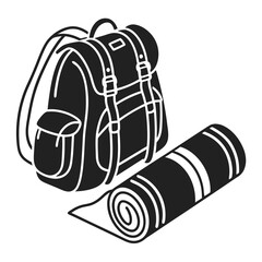 Black and white illustration of a camping backpack and a rolled up sleeping mat ready for outdoor adventures and travel